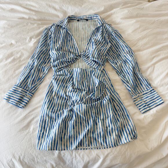 Zara Striped Linen Blend Mini Dress Blue White Size S Cut-Out Summer Sundress - Picture 2 of 6